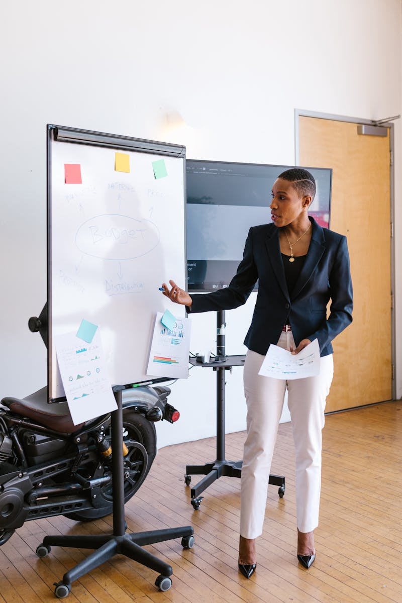 Professional woman presenting business ideas in a corporate office environment.